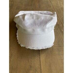 Badgley Mischka Womens White Linen Blend Newsboy Cap Frayed Brim‎ Plaid Lining